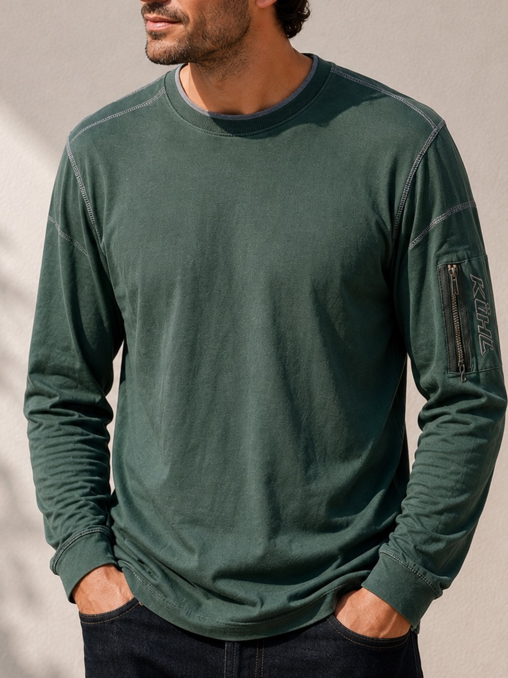 KÜHL Men’s Green Long Sleeve Shirt Organic Cotton Zip Sleeve Pocket Size M